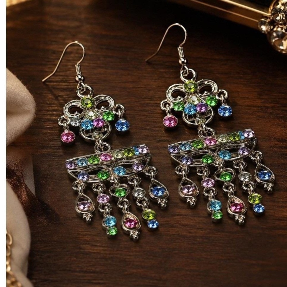 Boho Chandelier Earrings Pastel Rhinestone Dangle Earrings Silver Tone Statement